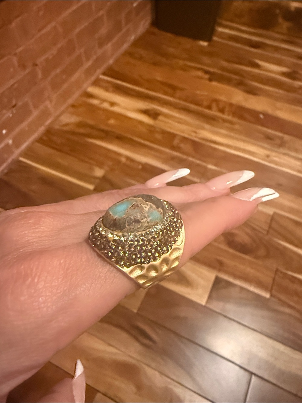 Gold-Tone Turquoise Statement Ring - Women jewelry adjustable ring pave brown